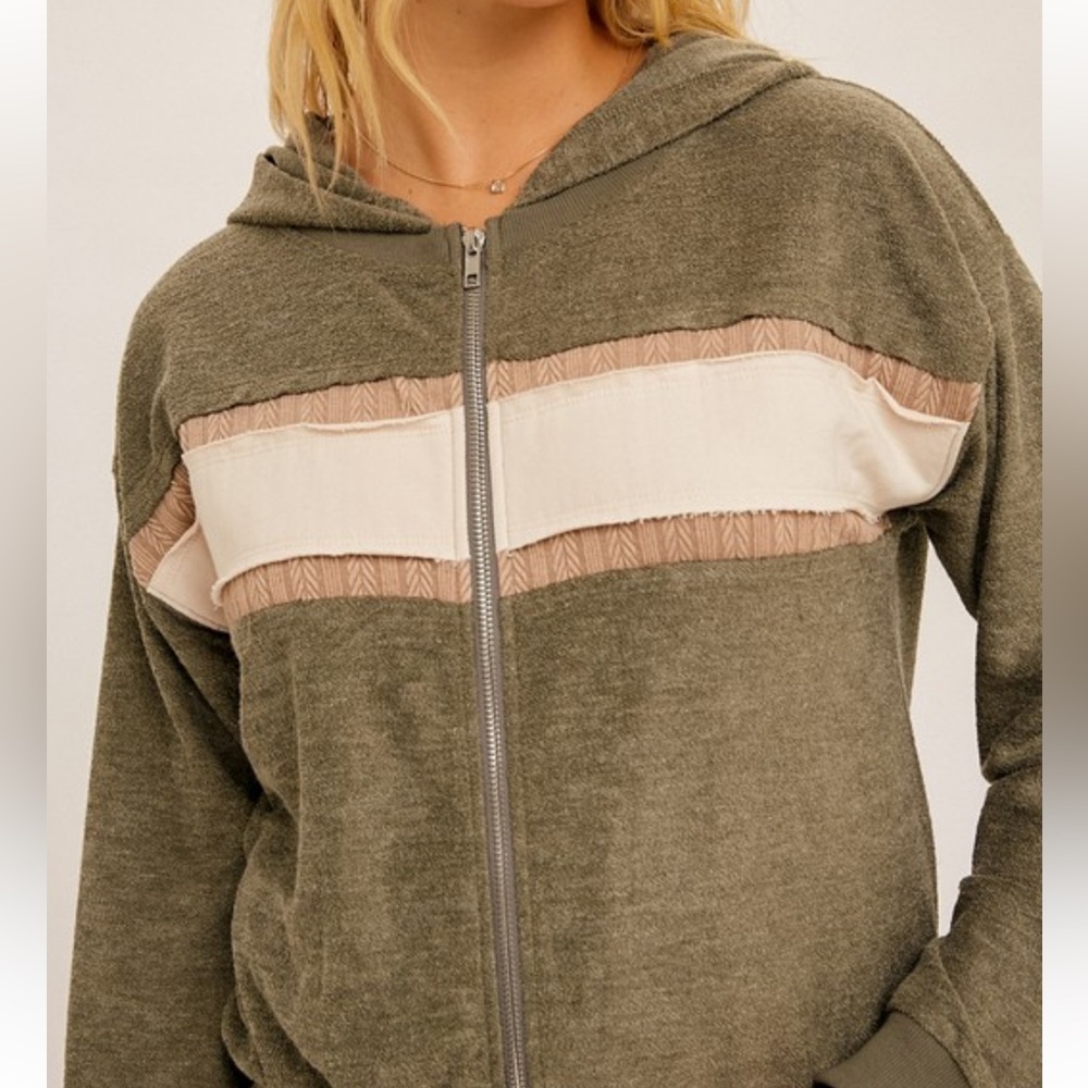 Hem & Thread Olive Green Zip-Up Hoodie with Cream and Tan Accents
